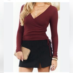 Wine Surplice Ruched Side Ribbed Knit Top